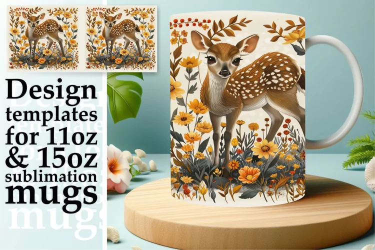Deer Watercolor Mug Wrap Sublimation Pattern