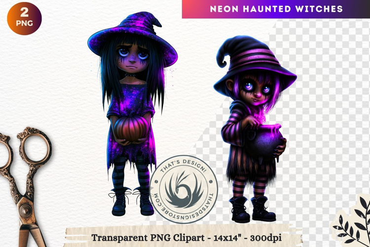 Neon Haunted Witches Clipart, Spooky Kawaii Halloween PNG
