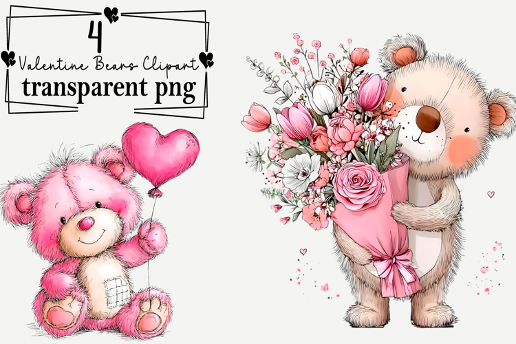 Valentine Bears Clipart Watercolor PNG example image 1