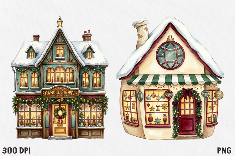 Christmas Village Watercolor Clipart PNG, Whimsical Holiday