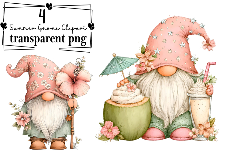 Whimsical Summer Gnome Clipart Watercolor PNG example image 1