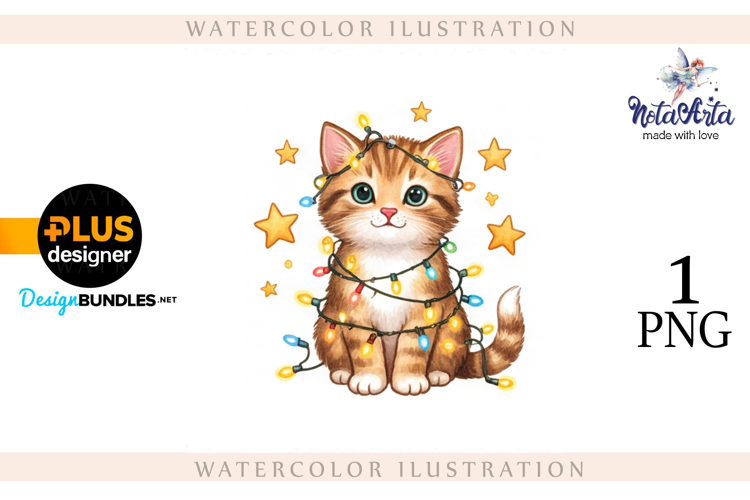 Christmas Kitten in Watercolor Style