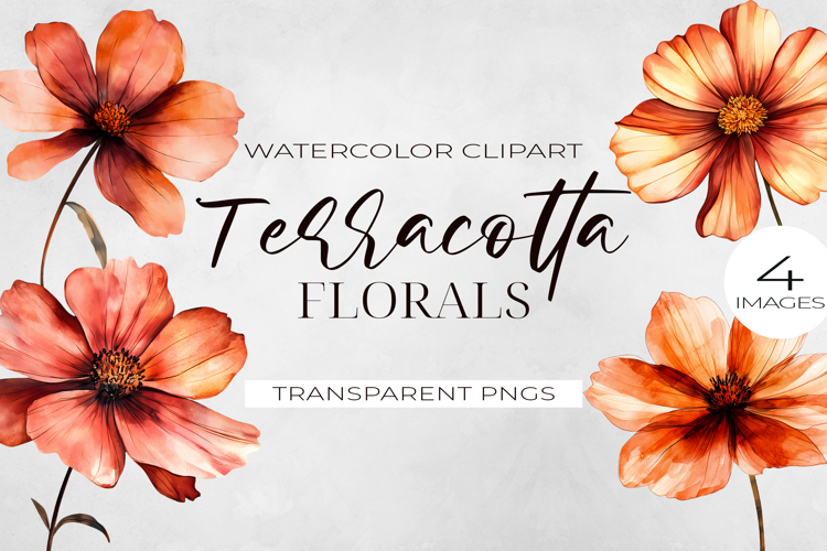 Watercolor Terracotta Flowers Clipart, PNG.