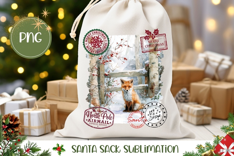 Watercolor Christmas Fox Santa Sack Design