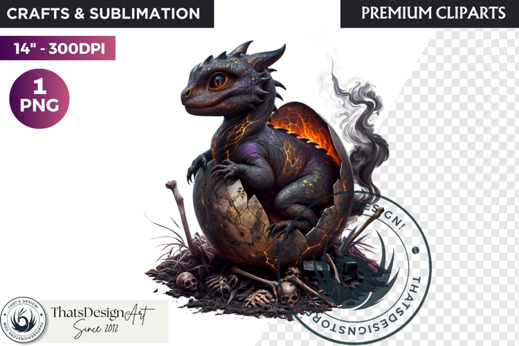 Cute Baby Dragon in a egg Clipart, dragon egg, Fantasy PNG example image 1