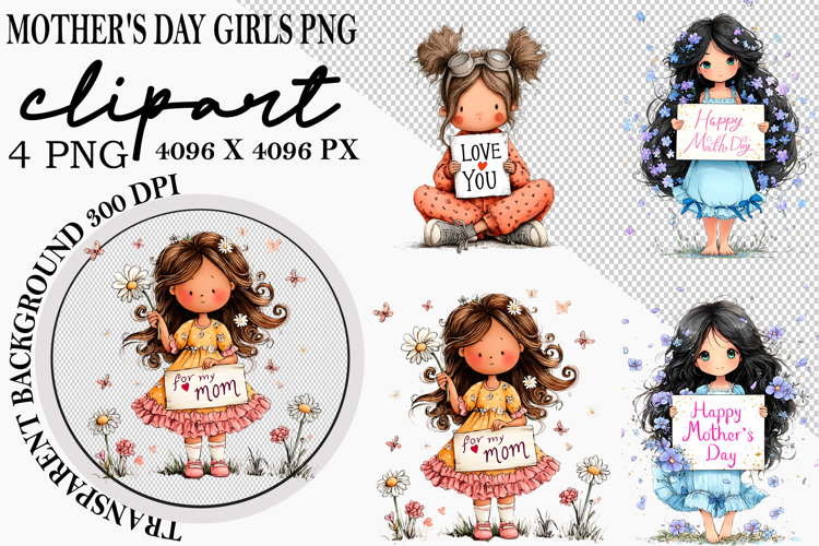 Whimsical Mothers Day Girls PNG Clipart Watercolor png