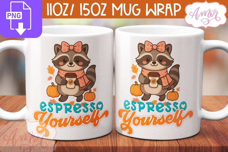 Coffee lover mug wrap sublimation, Fall Raccoon mug png