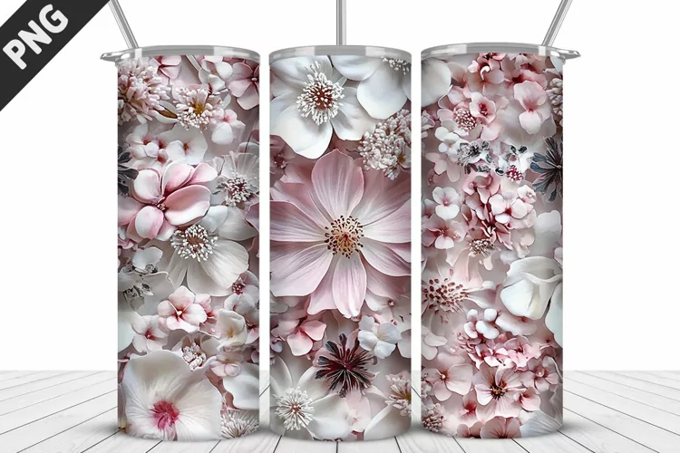 3D White Flowers Tumbler Wrap | Sublimation Design | Tumbler