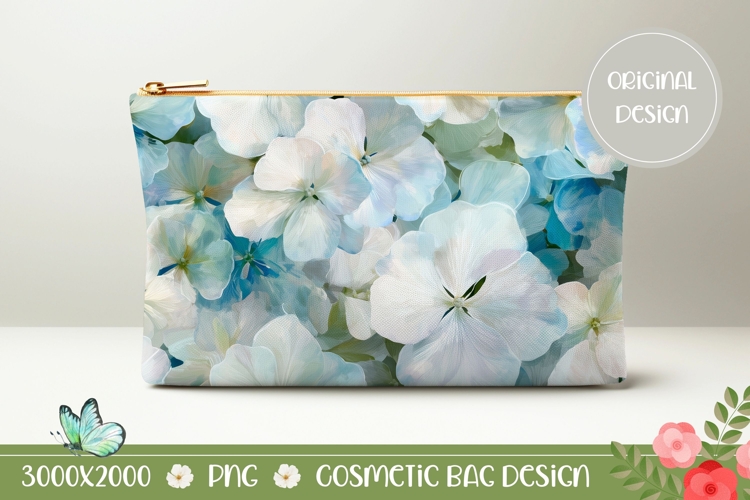 Hydrangea Cosmetic Bag PNG, Blue Cosmetic Bag