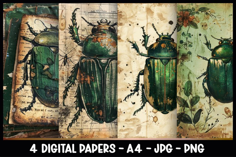 4 Vintage Insects Digital Papers I Junk Journal Page
