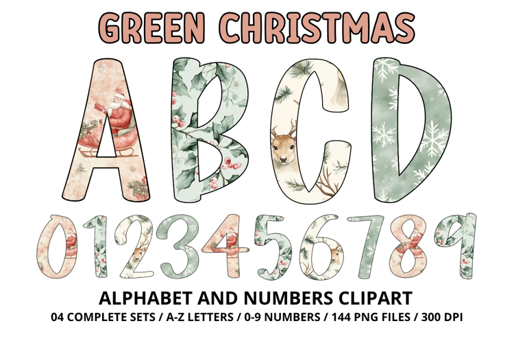 Sage Green Christmas Alphabet Png Clipart, letters doodle