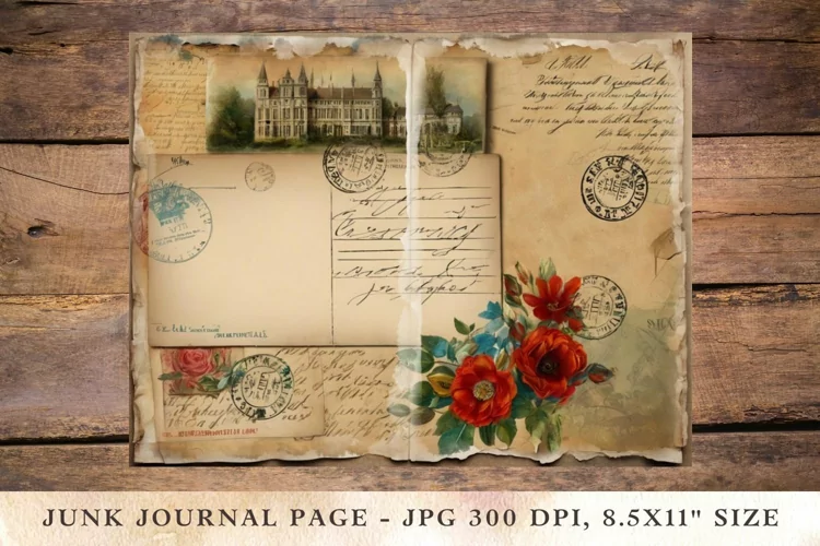 Printable Junk Journal Pages floral postcard 1