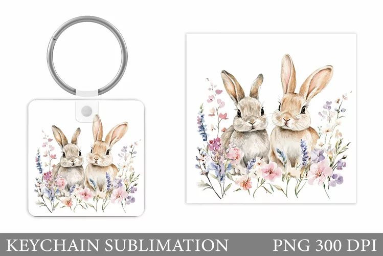 Cute Bunny Keychain. Bunny Flowers Keychain Sublimation