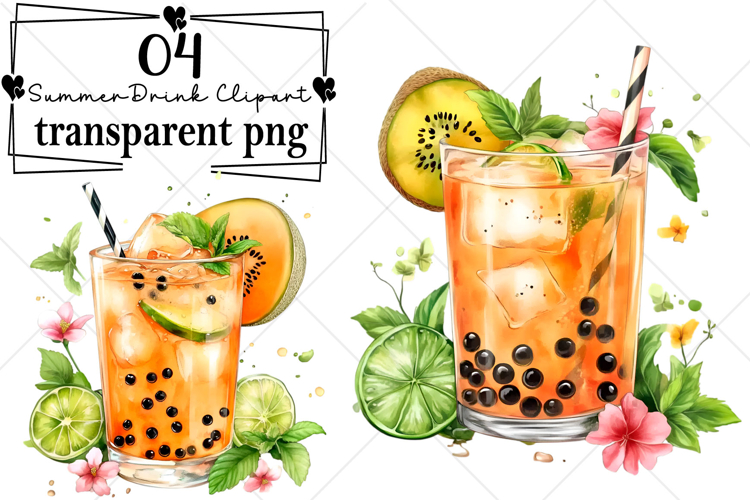 Whimsical Summer Tropical Drink Clipart Watercolor PNG