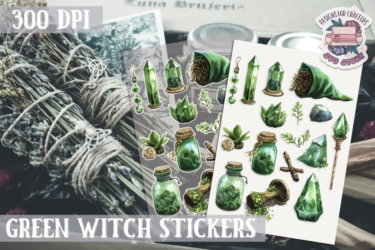 Witch sticker Sheet Green Magic Props Stones Herbs Halloween