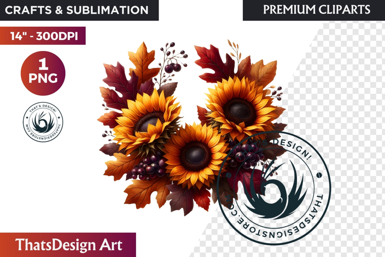 Sunflower Autumn Wreath - Rustic Farmhouse Harvest PNG