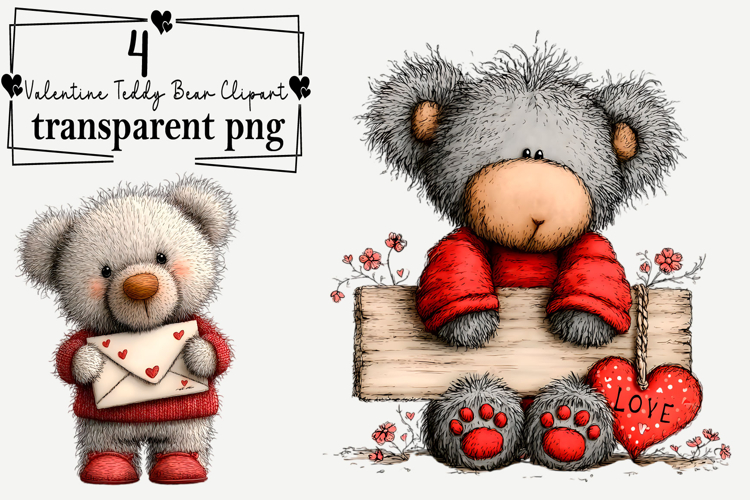 Whimsical Valentine Teddy Bear Clipart Watercolor PNG example image 1