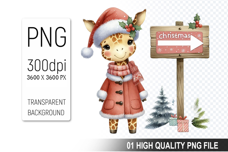 Christmas Giraffe in Santa Outfit Clipart, High-Quality PNG