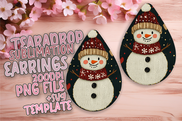 Stylish Teardrop Earrings Sublimation Template , Snowman