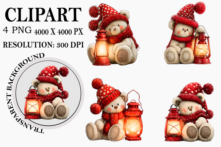 Whimsical Christmas Teddy Bear Clipart Watercolor PNG