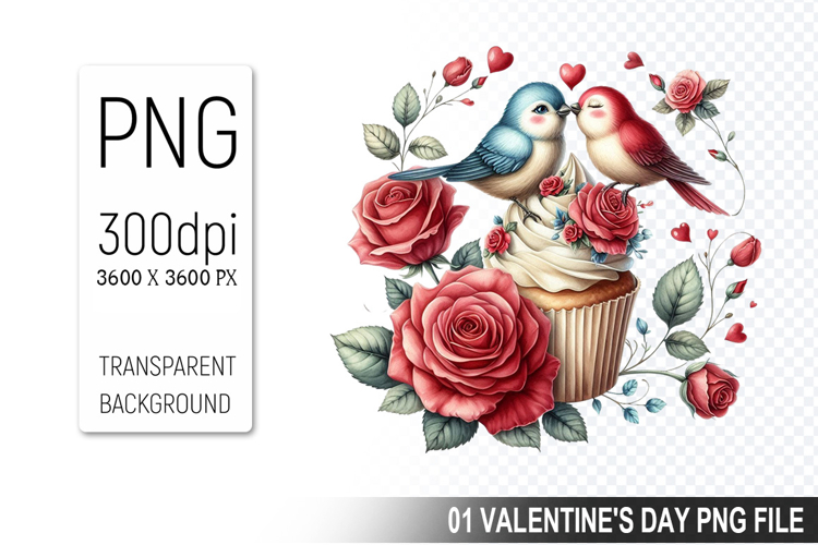 Cupcake With Bird, Valentines Digital Clipart PNG File