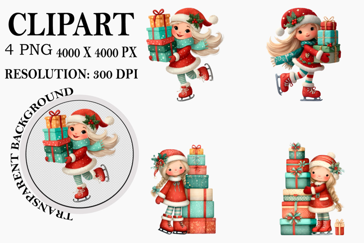 Christmas Santa Girl Clipart Watercolor PNG