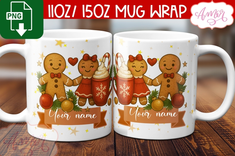 Cute Christmas mug wrap PNG, Gingerbread man mug template