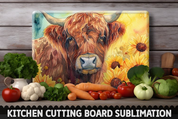 Highland Cow With Sunflowers Cutting Board