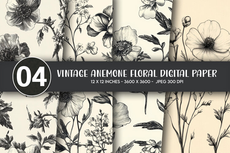 Vintage Anemone Floral Digital Paper example image 1