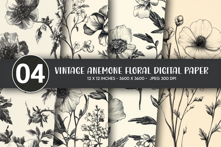 Vintage Anemone Floral Digital Paper