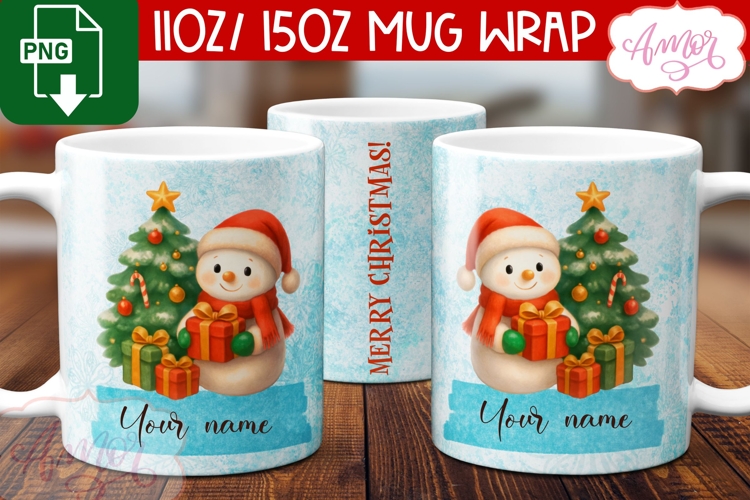 Custom Christmas mug wrap PNG, Cute Snowman png template