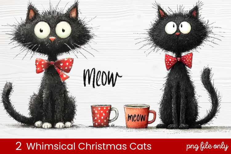 2 Whimsical Christmas Cats Clipart | Cute Holiday Cat PNG