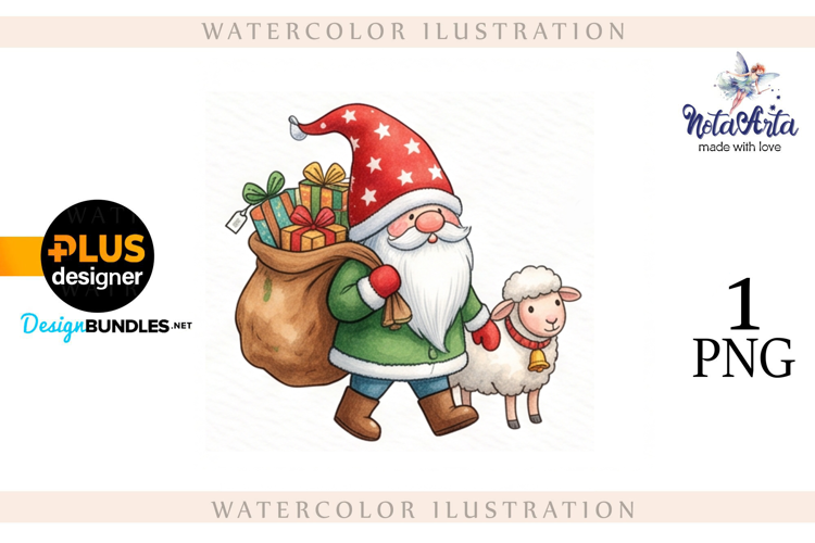 Christmas Gnome Santa with a Sheep in Watercolor Style