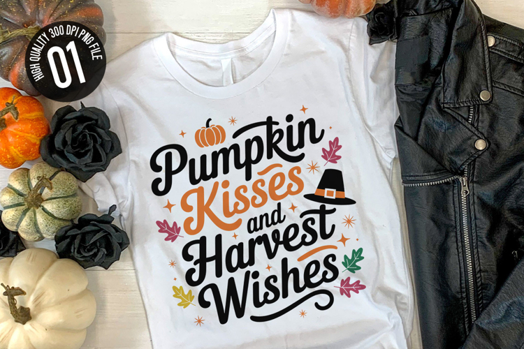 Pumpkin Kisses And Harvest Wishes - Autumn t-shirt Design
