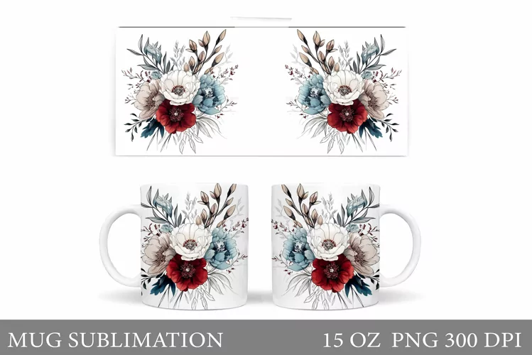 Flowers Mug Sublimation. Floral Mug Wrap Design