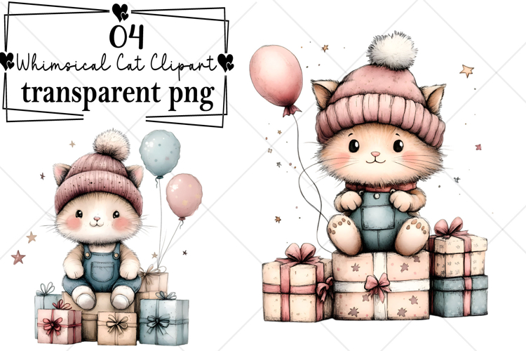 Whimsical Cat Clipart Watercolor PNG