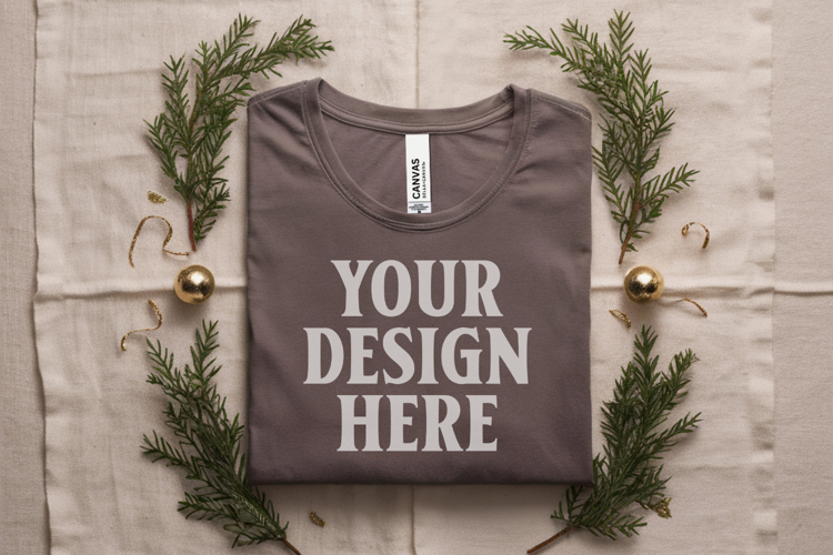 Christmas Bella Canvas 3001 Ash Folded Tshirt Mockup