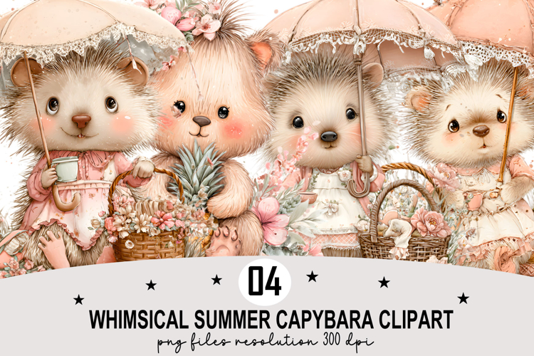 Whimsical Summer Capybara Clipart Watercolor PNG