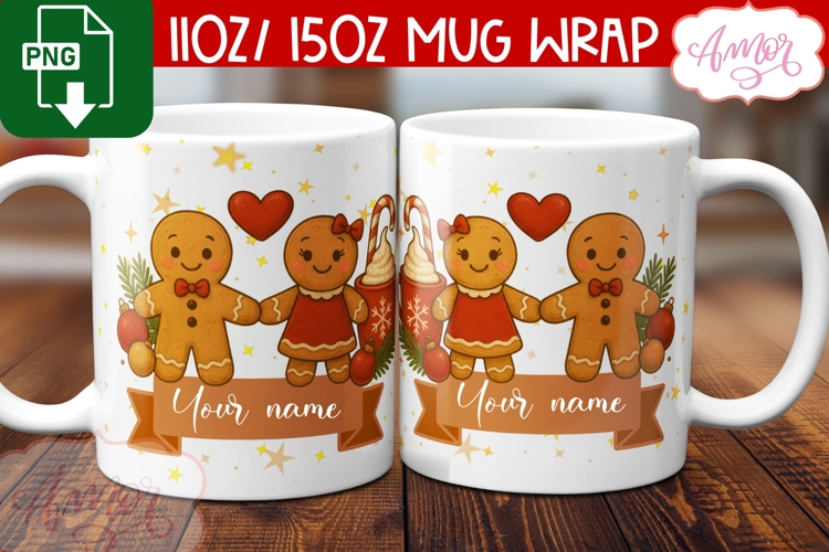 Custom Christmas mug wrap PNG, Gingerbread man mug template