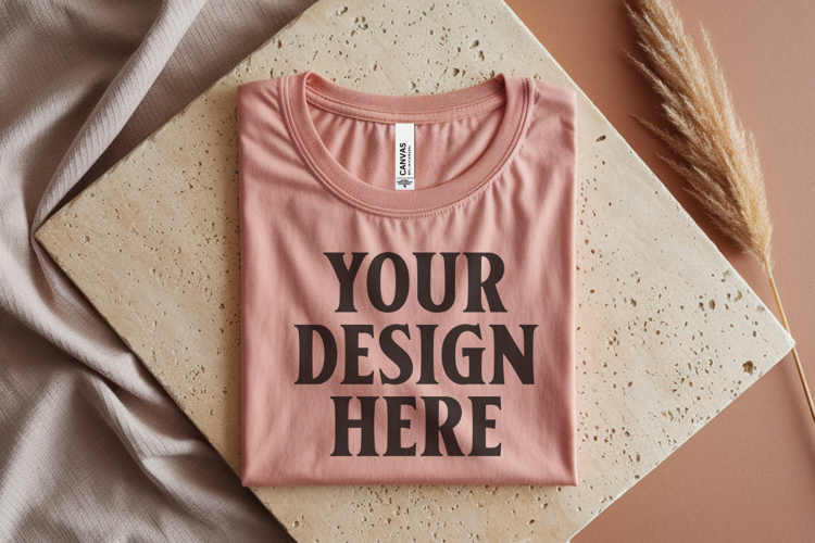 Heather Peach Bella Canvas 3001 Flat Lay T-Shirt Mockup