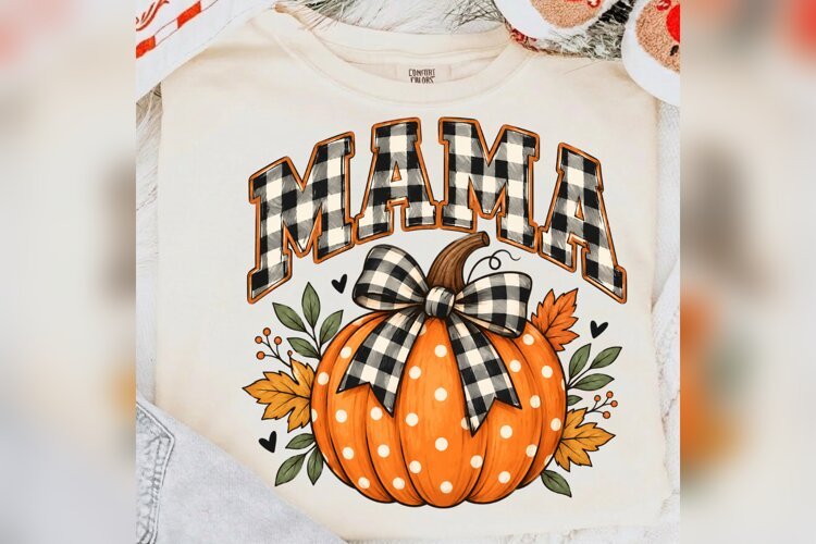 Mama Pumpkin PNG, Buffalo Plaid Bow Fall Mom Mug Design example image 1
