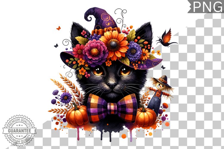Halloween Cat Flowers Sublimation - Clipart PNG Design
