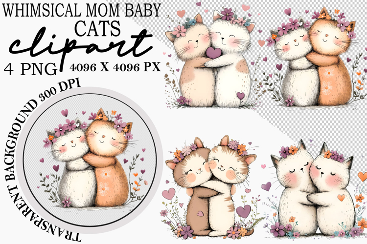 Whimsical Mom Baby Cats Clipart Watercolor Mom Baby Cats