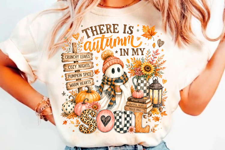 Autumn soul ghost design with pumpkin, coffee, flowers