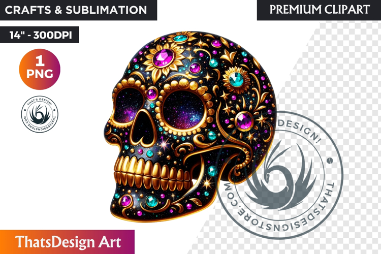 Floral Black Gold Sugar Skull Day of the Dead Clipart PNG