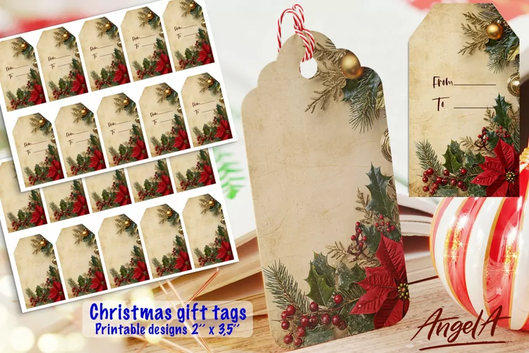 Merry Christmas printable tags, Christmas poinsettia, holly