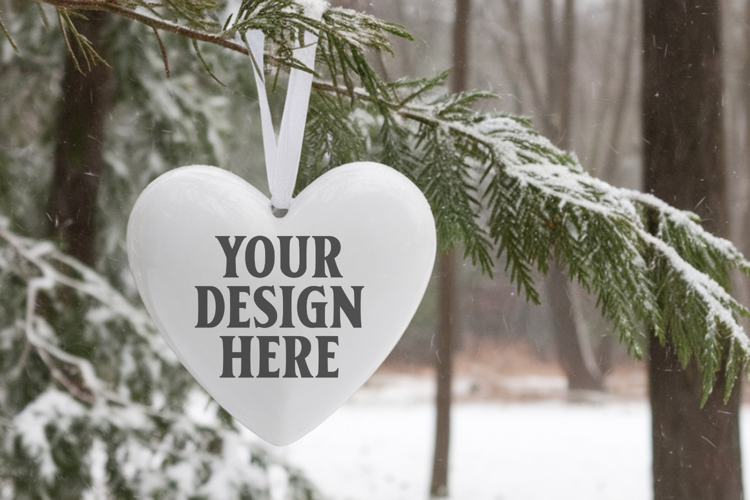 Romantic Christmas Ceramic Heart Ornament Mockup | Holiday
