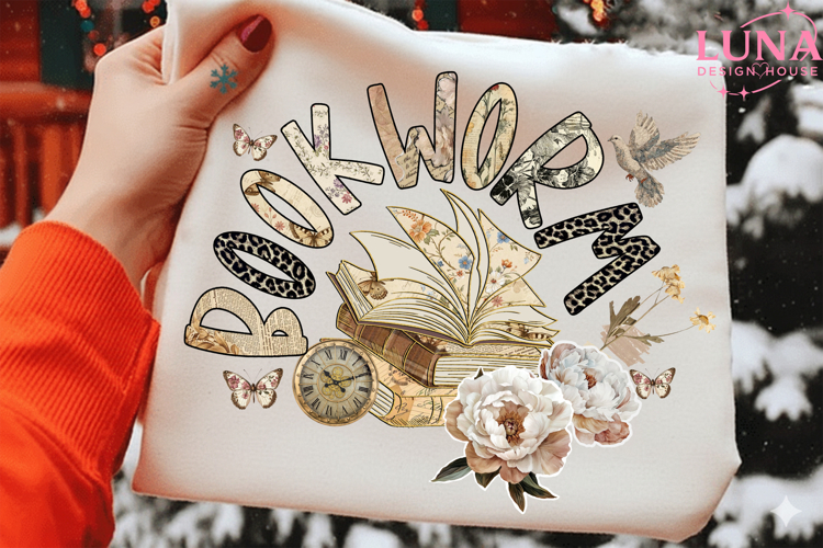 Boho Wildflower Bookworm Png, Bookish Png, Cottagecore Book