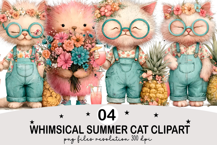 Whimsical Summer Cat Clipart Watercolor png