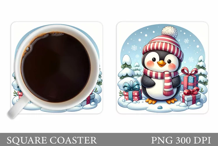 Cute Penguin Coaster Sublimation. Christmas Coaster Design